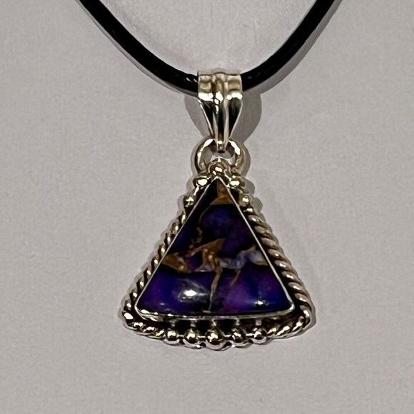 Southwestern Purple Copper Dahlia Turquoise Triangle Pendant Sterling Silver - Picture 2 of 4